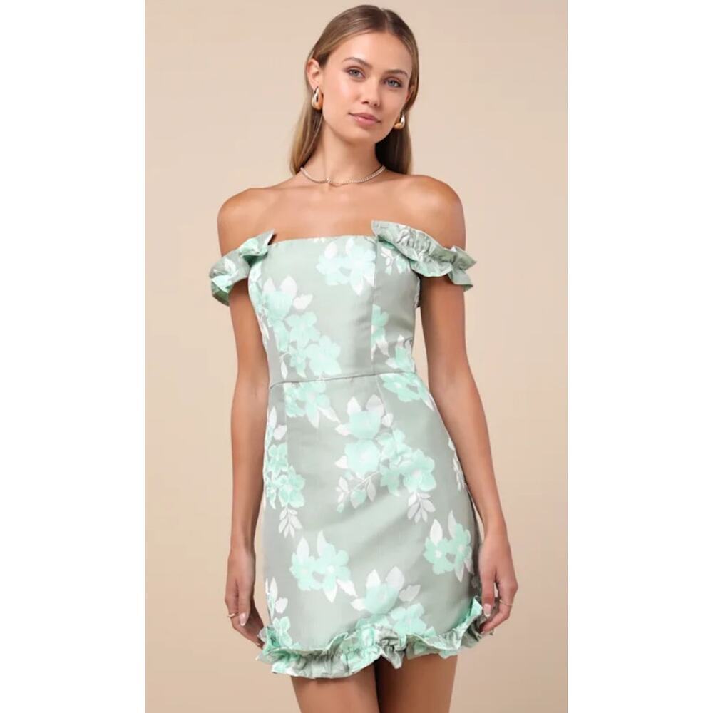 NWT Lulus Pop the Bottle Sage Green Floral Jacquard Ruffled Mini Dress Size XL